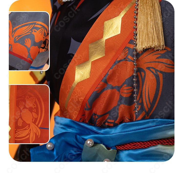 瞬祭礼衣装の襟元デザイン詳細。配色切替と刺繍の縫製品質を示す