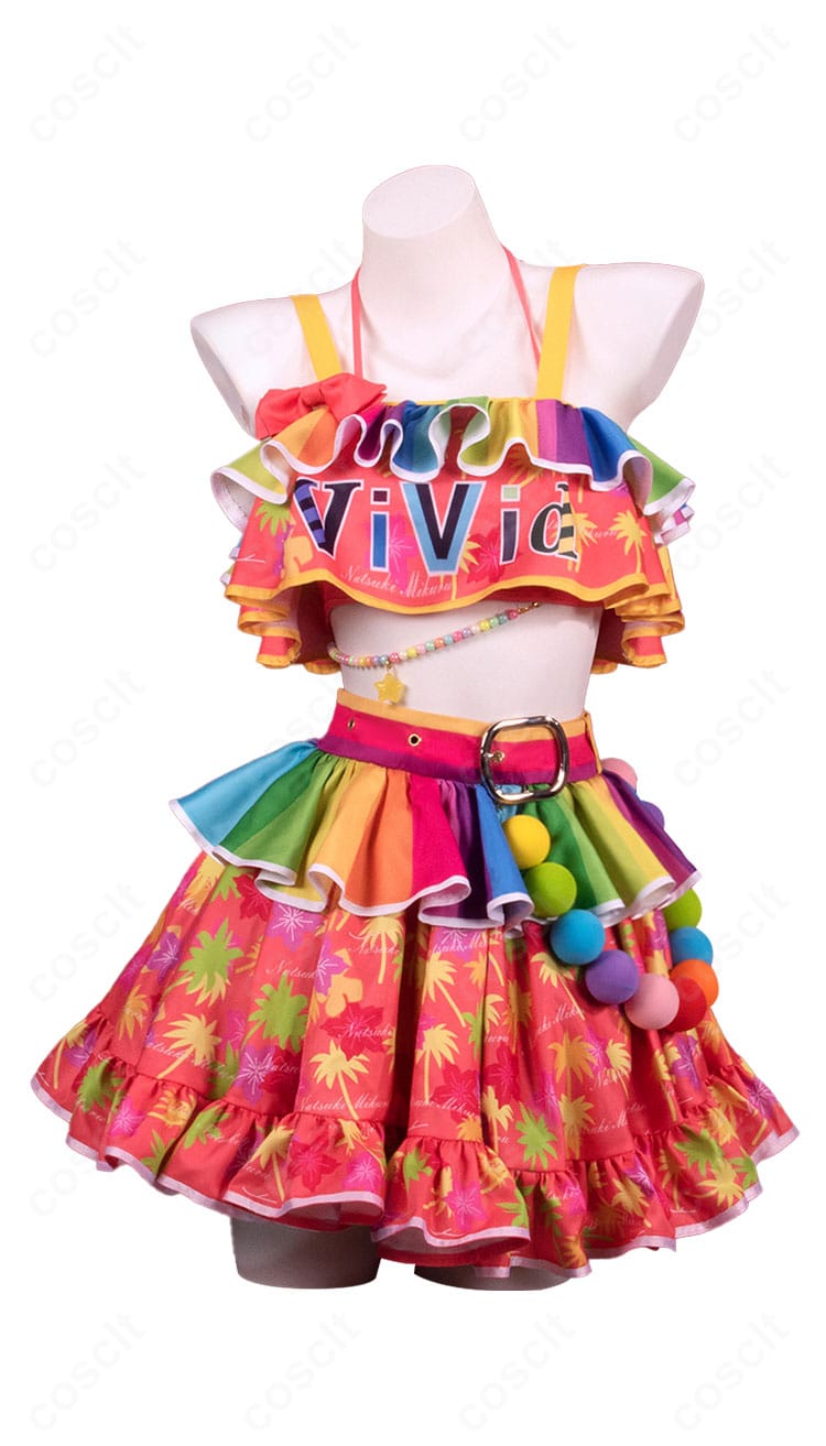 アイカツオンパレード！夏樹みくる コスプレ衣装の正面ビュー。発色の良いトップスとスカート、バランスの良いシルエットが特徴