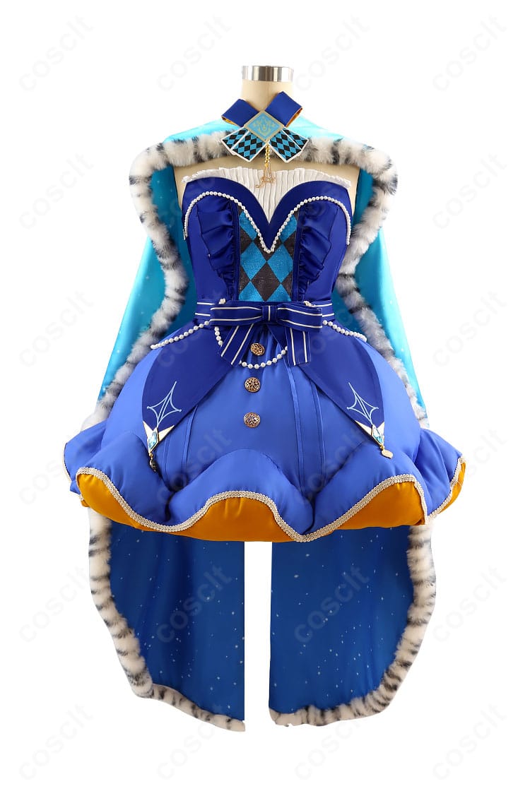 プロセカ 鳳えむ クイーン・オブ・ダイヤ コスプレ衣装の正面全体。トップスとスカート、ケープのバランスが見えるカット。