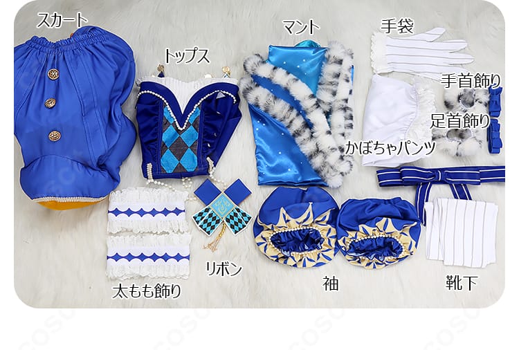 セット内容一式の紹介画像。トップス、マント、スカート、かぼちゃパンツ、袖、小物類の全点をレイアウト。