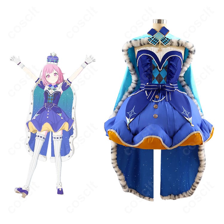 プロセカ 鳳えむ クイーン・オブ・ダイヤ衣装とキャラクターのイメージカット。全身コーデと世界観がわかるコスプレ例。