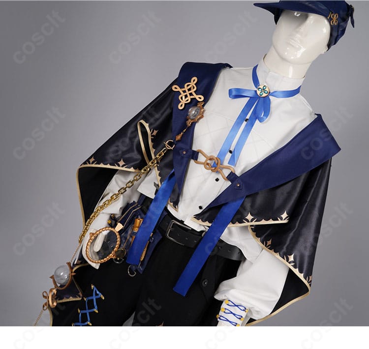 鑑定士の服の襟部分アップ。精緻な装飾と刺繍風ディテール、カラーコントラストを強調した写真。