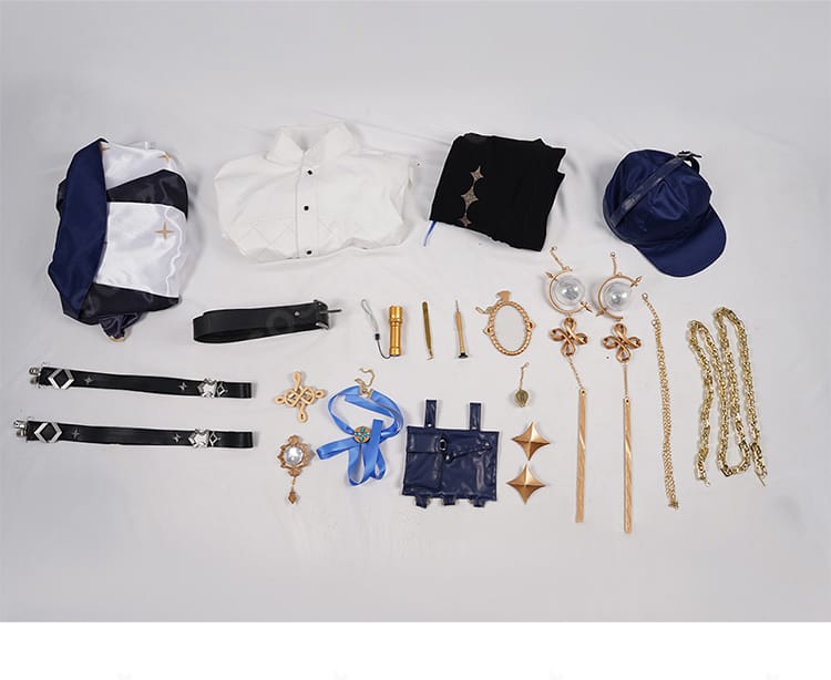 セット内容の一覧画像。マント、シャツ、ズボン、帽子、サスペンダー、各種飾りとチェーンを一画面で確認できます。