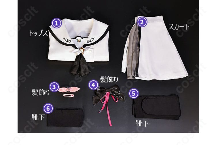 セット内容の平置き画像。トップス・スカート・髪飾り・靴下の4点が揃ったことを示す写真