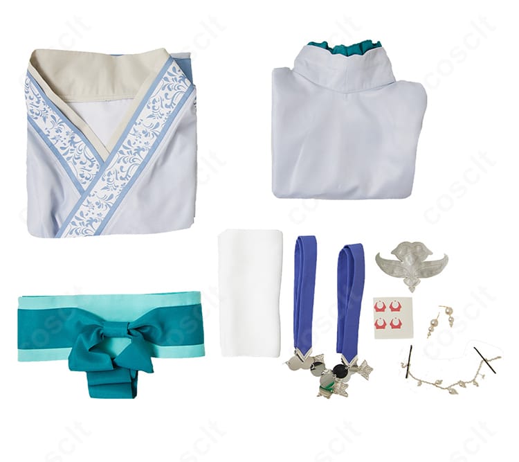 薬屋のひとりごと 壬氏「月精」セット内容一式。ワンピース、スカート、ショール、コルセットベルト、髪飾り、耳飾りを並べて表示。