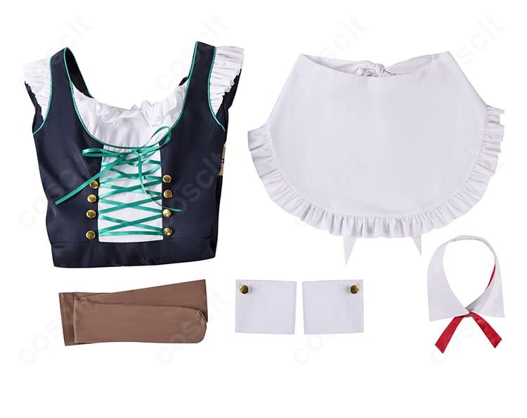 牛牧ジュリ アルバイト衣装のセット内容。ワンピース、エプロン、タイツ、手首飾り、つけ襟を配置。