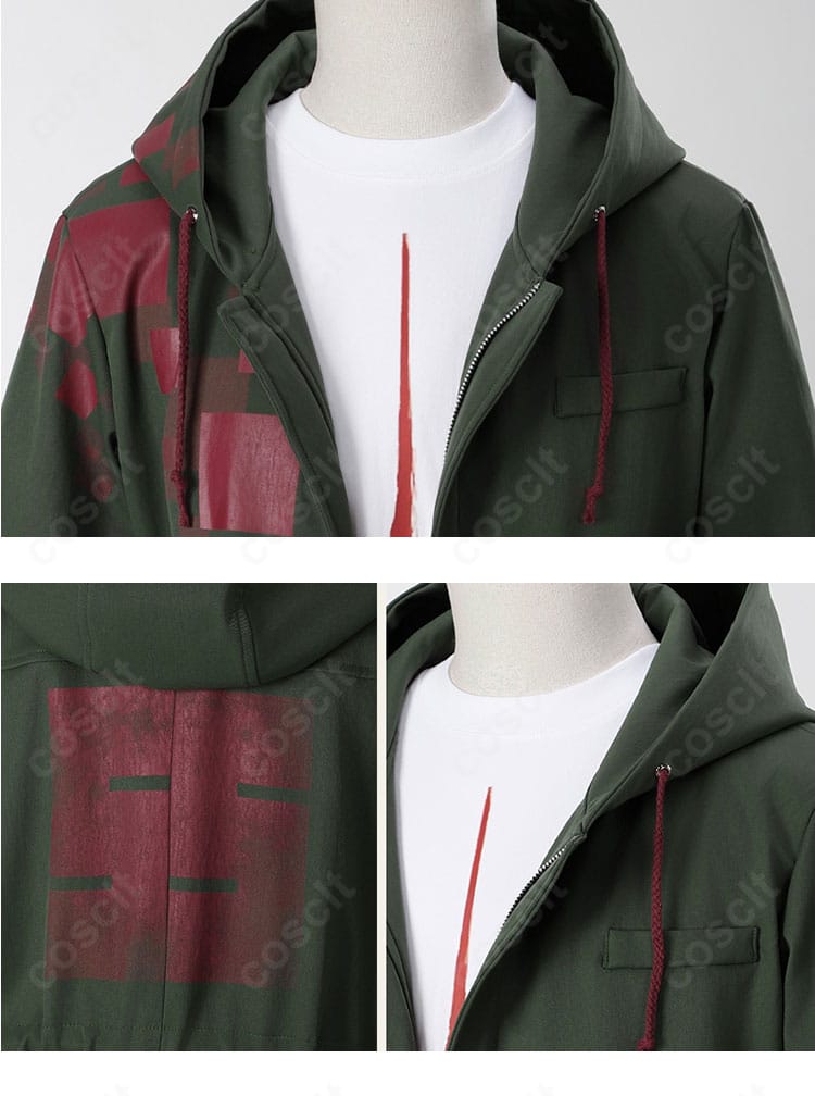 狛枝凪斗コスプレ衣装の襟元と背面装飾のクローズアップ。刺繍やステッチなど細部の質感がわかる画像。