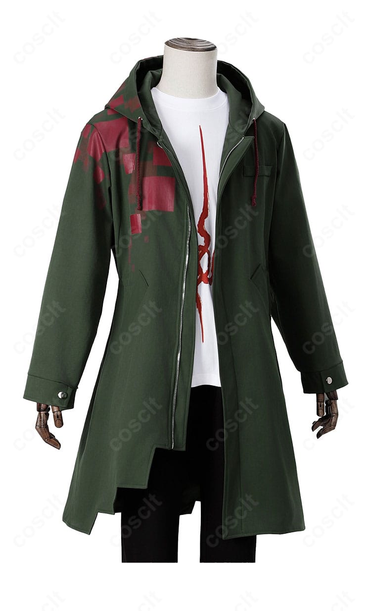 狛枝凪斗コスプレ衣装の側面画像。コートの落ち感とボトムのライン、装飾の位置関係を立体的に示しています。