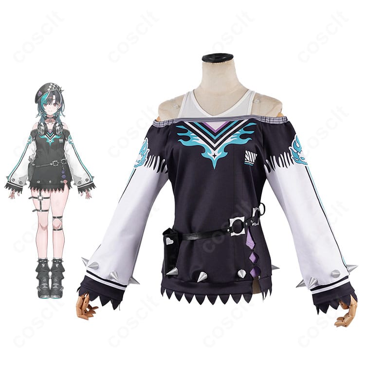 ホロライブ 輪堂千速のコスプレ衣装とキャラクタービジュアルを並べた画像。帽子やチョーカーなど装飾まで高再現で比較しやすい構図。