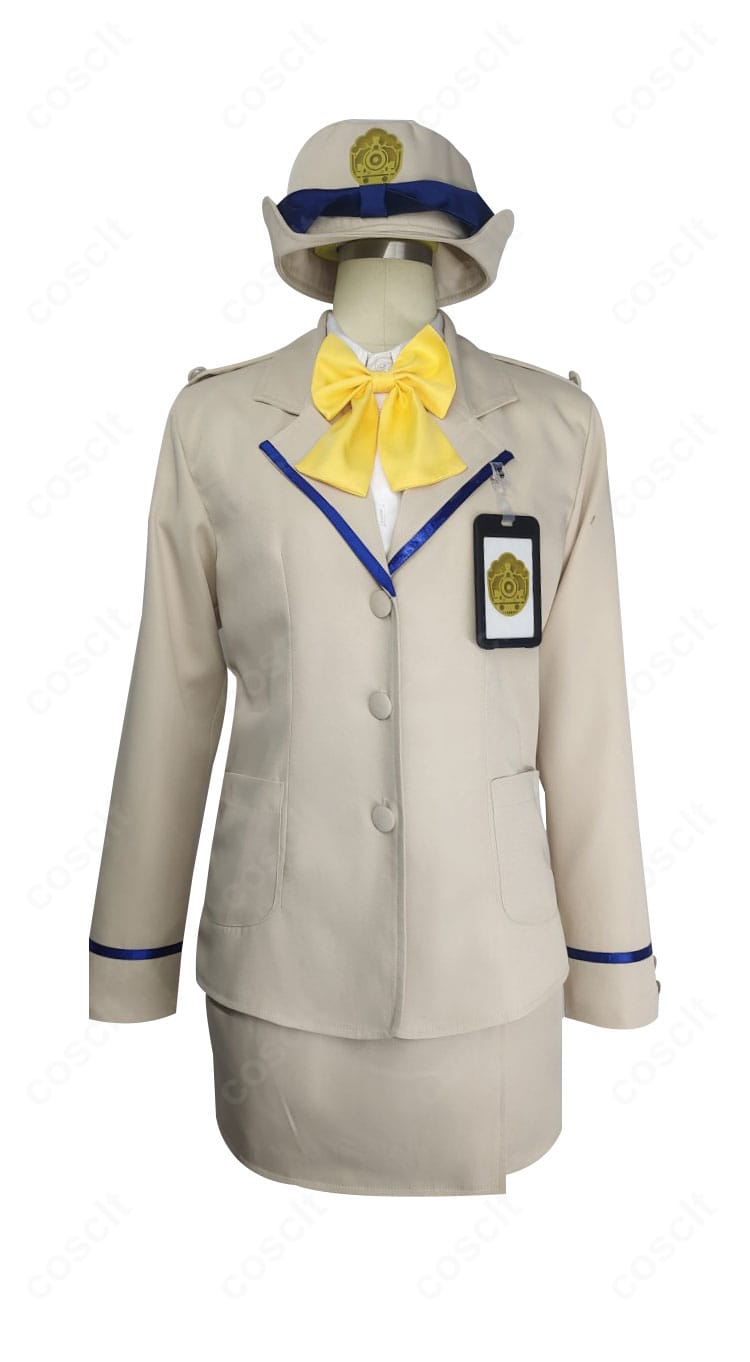 ブルーアーカイブ 列車乗務員コスプレ衣装の正面全体像。名札、スカーフ、コートのフロントボタン配置など細部のデザインと高品質な仕立てが分かる画像です。