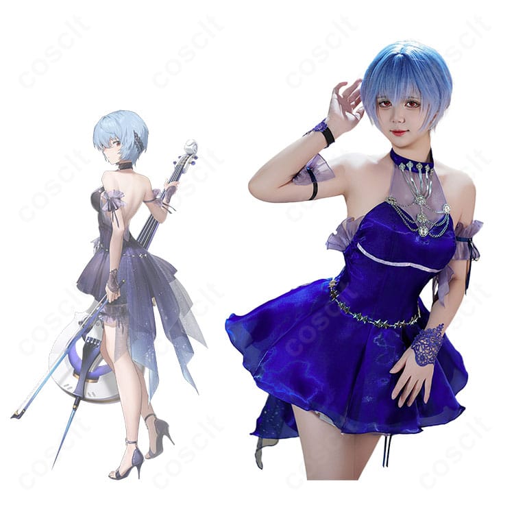 綾波レイのNIKKEコラボ風コスプレ衣装とキャラクタービジュアルの組み合わせ例