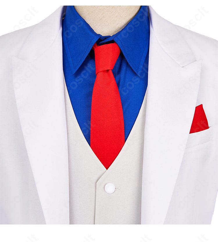 風祭京一郎の象徴的なネクタイディテール。柄の再現とノットのボリューム感、襟元の収まりをクローズアップ。