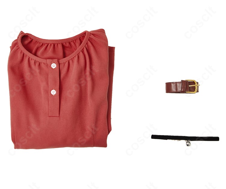 若月ニコ コスプレ衣装のセット内容。ワンピース、ネックレス、ベルトの3点が並んだ構成写真。