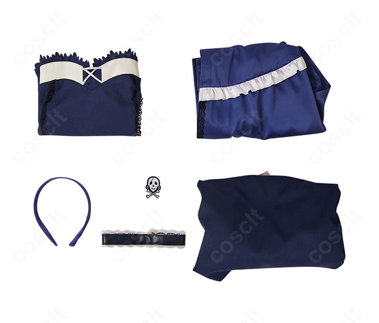 セット内容一覧。スカート、トップス、ショール、カチューシャ、髪飾り、チョーカーの6点を並べて表示。