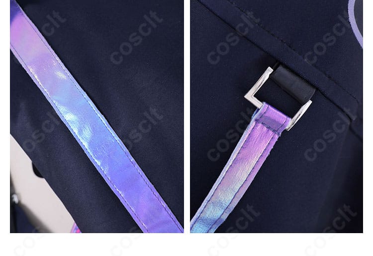 古石ビジュー コスプレ衣装の系帯ディテール。ストラップの結びと固定方法を示すクローズアップ