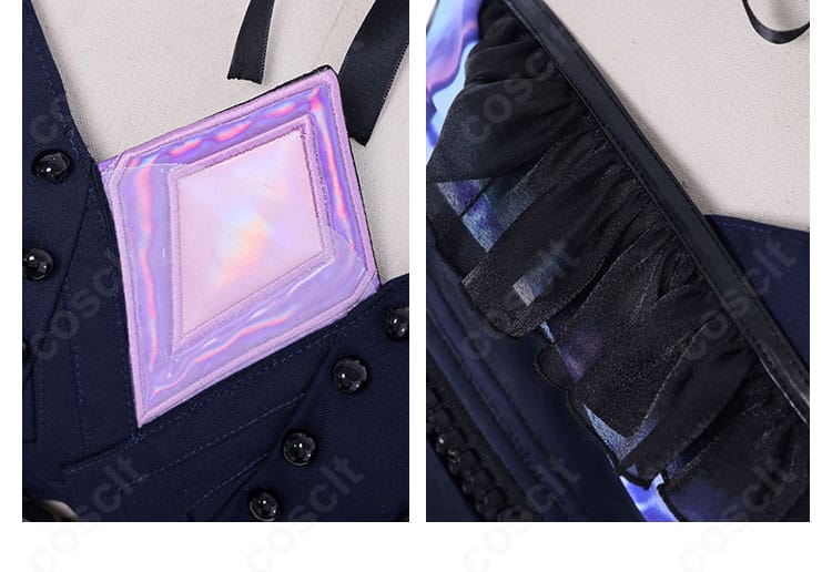 古石ビジュー コスプレ衣装の衣領ディテール。襟周りの縁取りとステッチワークを強調