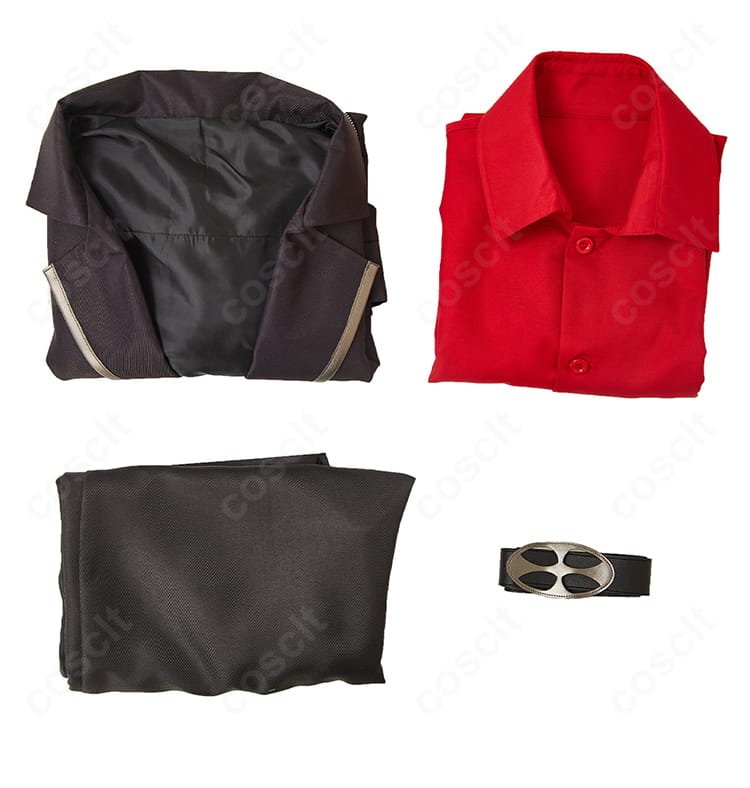 セット内容の平置き展示。コート・シャツ・ズボン・ベルトの4点構成が一目で分かる。