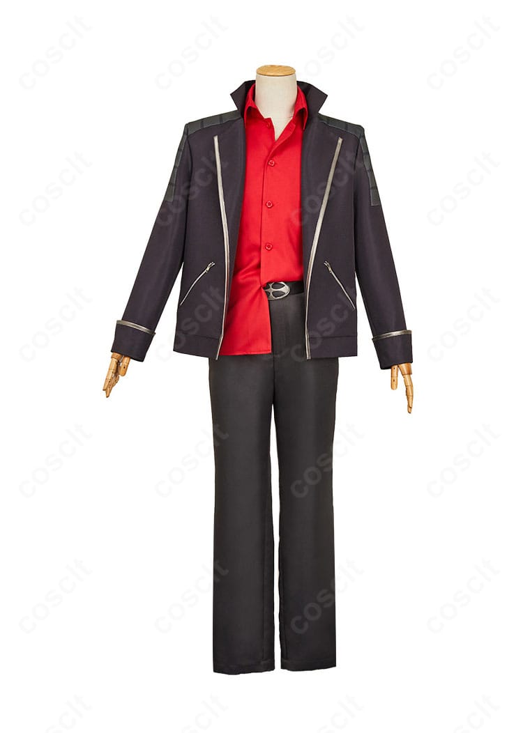 LAZARUS アクセル コスプレ衣装の正面全身。ロングコートの直線的シルエットと襟の幅感が分かる構図。