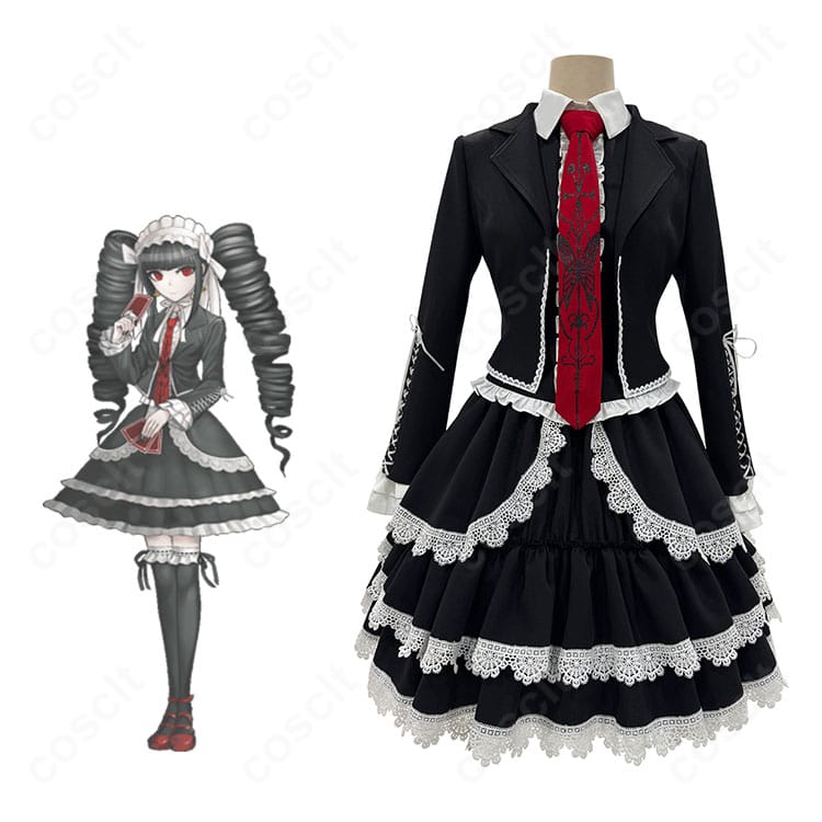 セレスティア・ルーデンベルクのゴスロリ衣装一式とキャラクタービジュアルの合成イメージ。黒×白コントラストが映えるダンガンロンパ衣装。