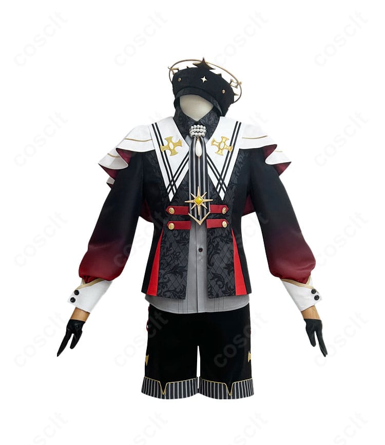 『堕天使の晩餐会』礼装コス 正面全体。コートと半ズボン、ネクタイ・手袋・帽子を着用したフルコーデ