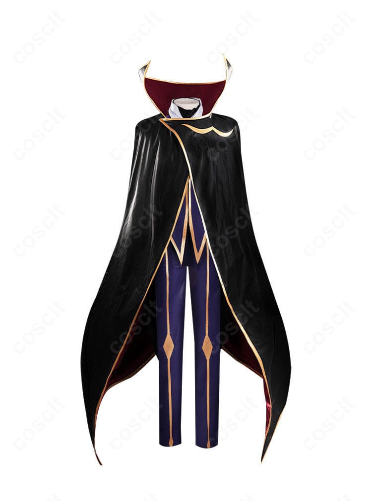 ルルーシュ 黒の騎士団版コスプレの正面全身。立ち上がる襟とパイピングがシャープな印象。
