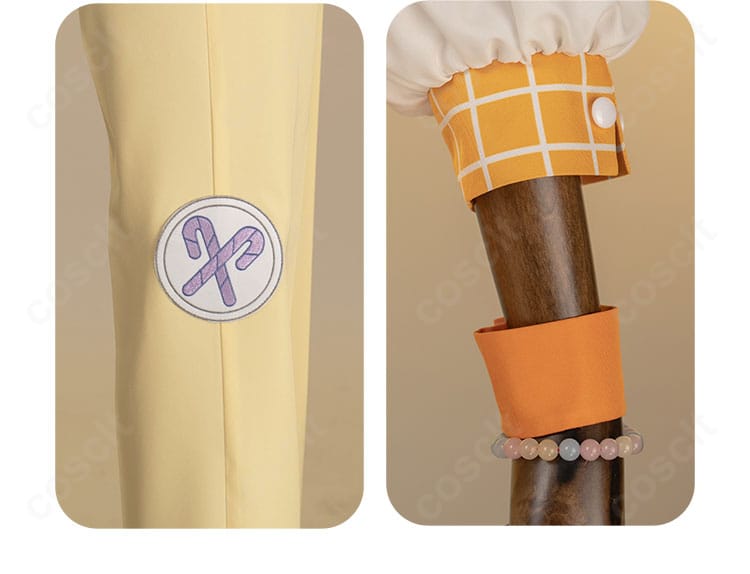 パンツ装飾と腕飾りの近接カット。全体の配色バランスを再現。