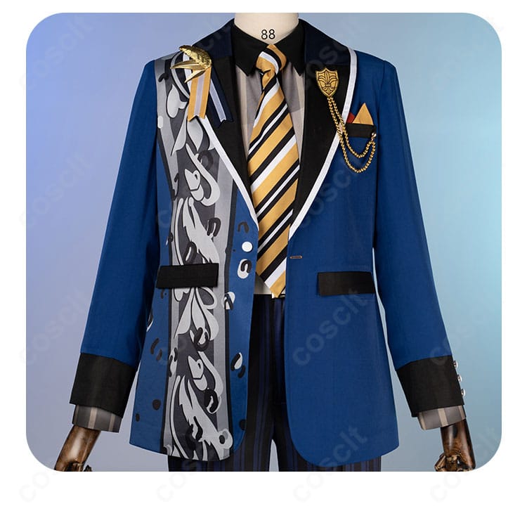 上衣胸元のディテール。襟元から胸飾りまでの配置と立体感を強調。