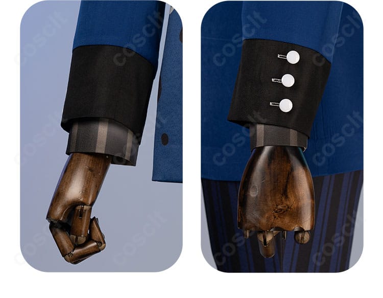 袖口デザインの接写。カフスの形状とボタン配置、手元が映える造形。