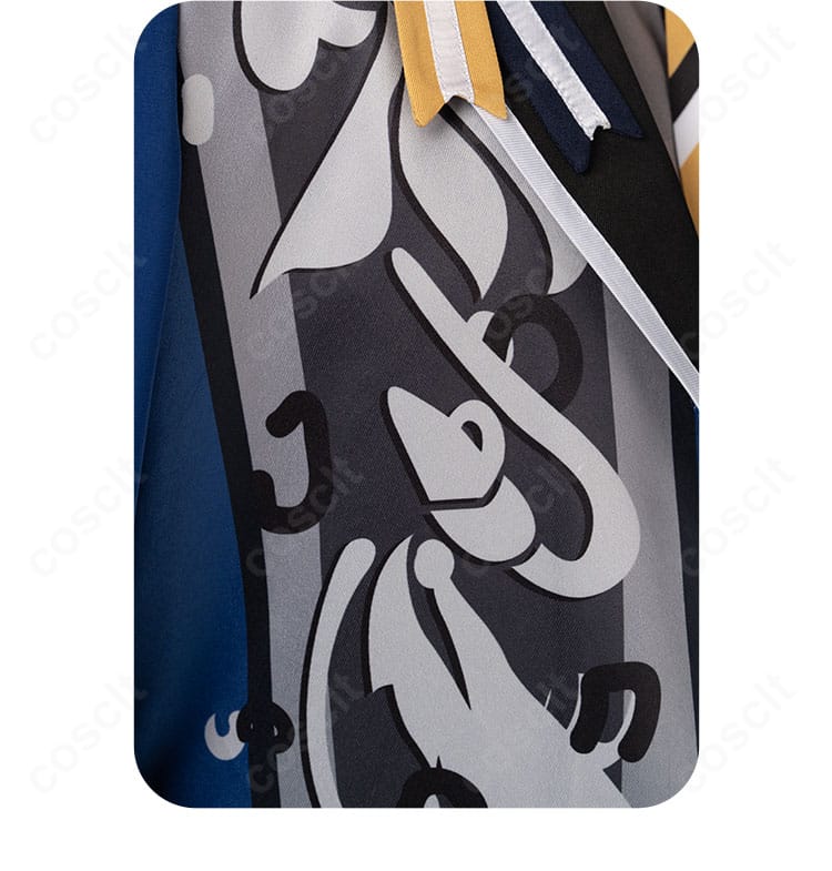 襟の柄アップ。作品モチーフに沿った配色で、アニメ準拠のデザインを表現。