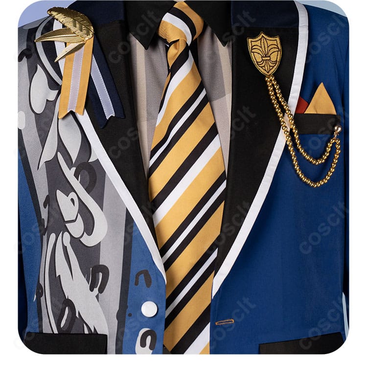 ネクタイ装飾の近接。質感の良い生地と結び部分の整形、メタル風パーツの仕上げ。