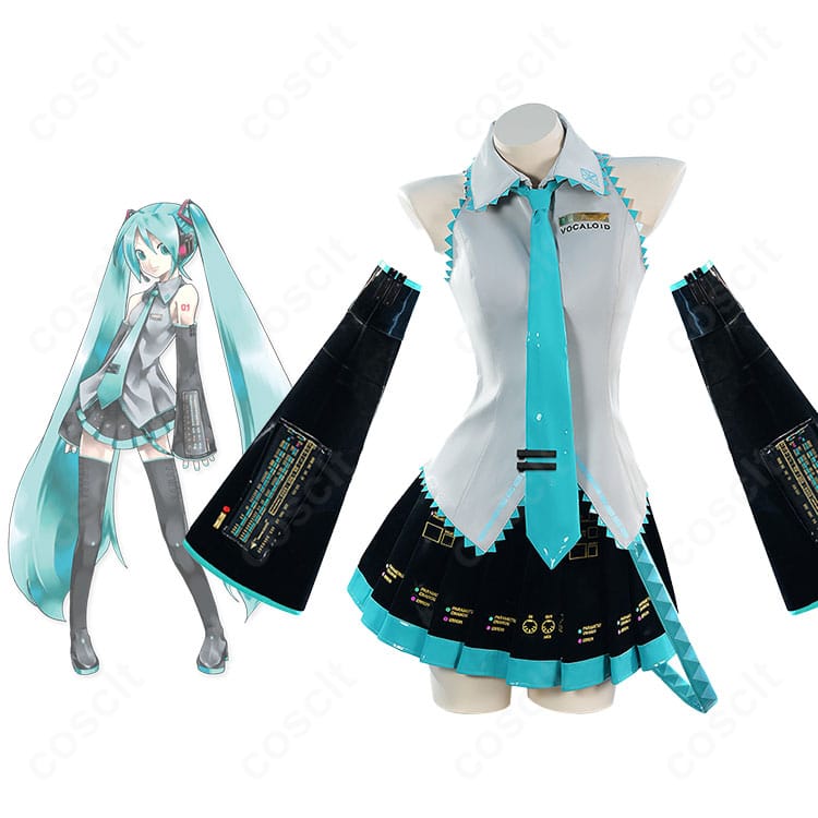 初音ミク V2をイメージしたコスプレ衣装一式とキャラクタービジュアルの融合イメージ