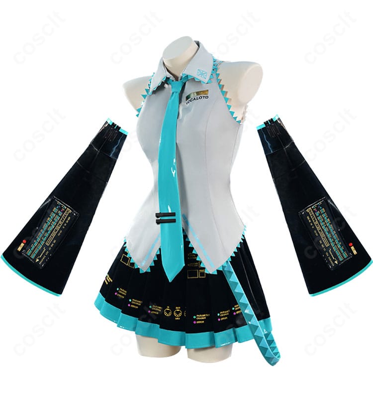 初音ミク V2 コスプレ衣装の左側面。プリーツスカートのフレアと装飾の仕上がり