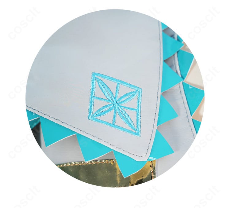 初音ミク V2 コスプレ衣装の裾装飾ディテール。縁取りとステッチの精密仕上げ