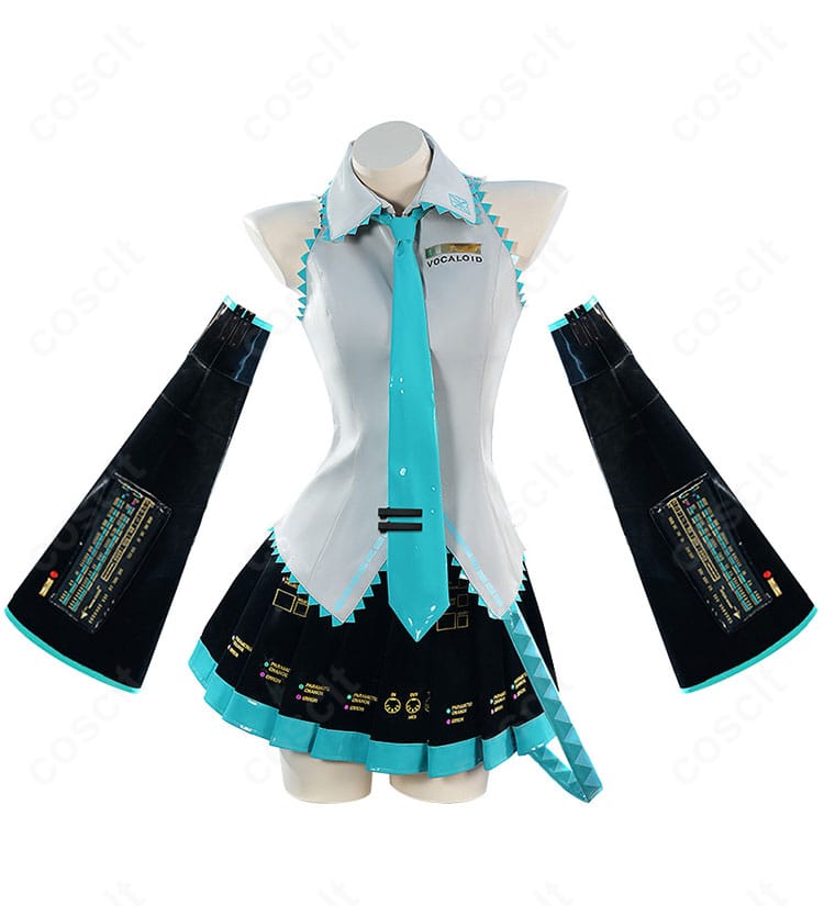 初音ミク V2 コスプレ衣装の正面全体像。色味と装飾を忠実に再現したデザイン