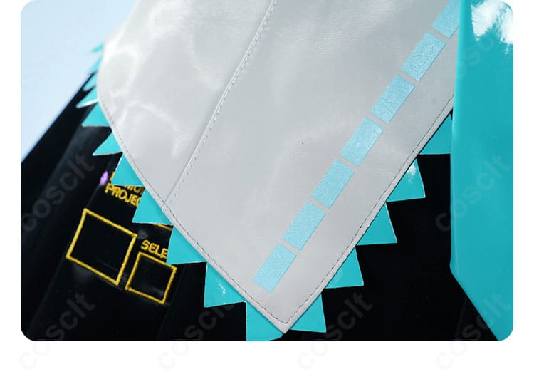 初音ミク V2 コスプレ衣装の襟元デザイン。門襟の形状と配色のこだわりが分かる
