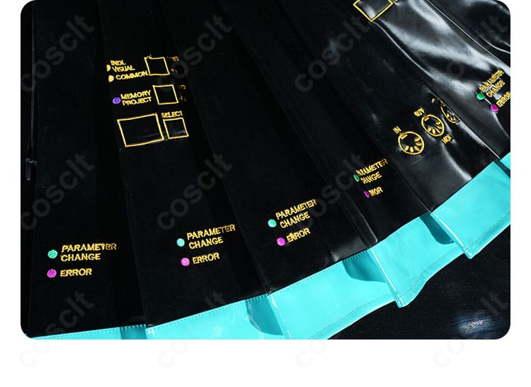 初音ミク V2 コスプレ衣装のスカート装飾。プリーツ幅とエッジの発色を強調