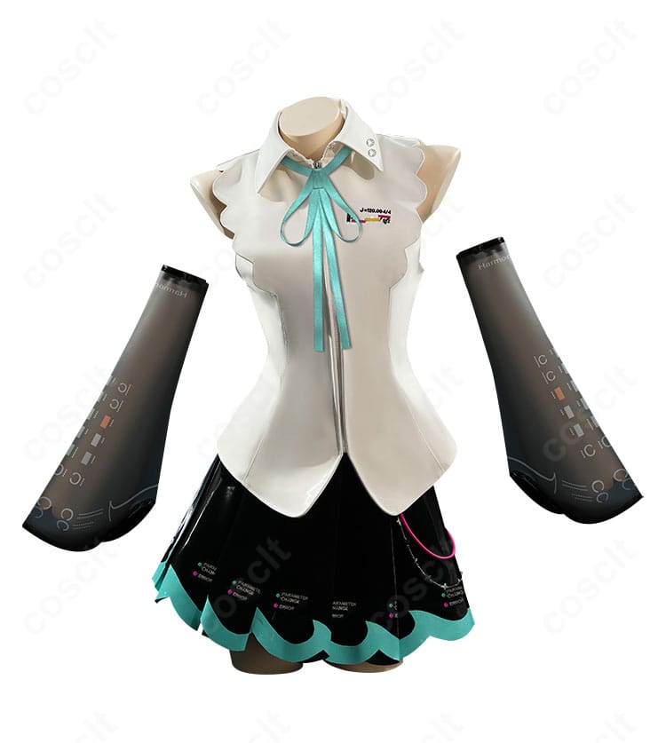 初音ミクNT版コスプレ衣装の正面全体。トップスとスカート、リボンのバランスが確認できる画像。