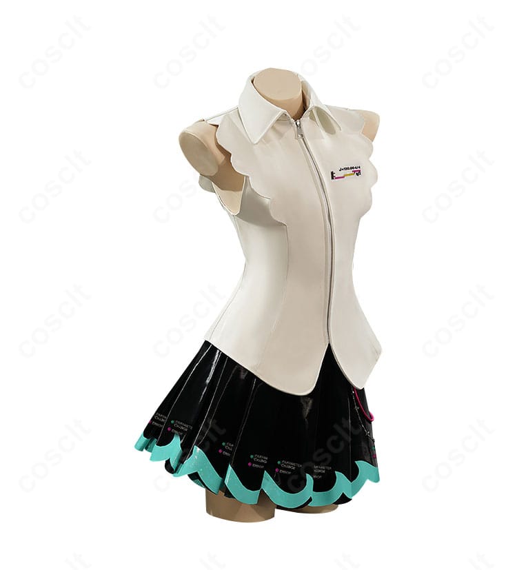 初音ミクNT版コスプレ衣装の側面。袖パーツの立体感とウエストラインのシルエットが伝わる画像。