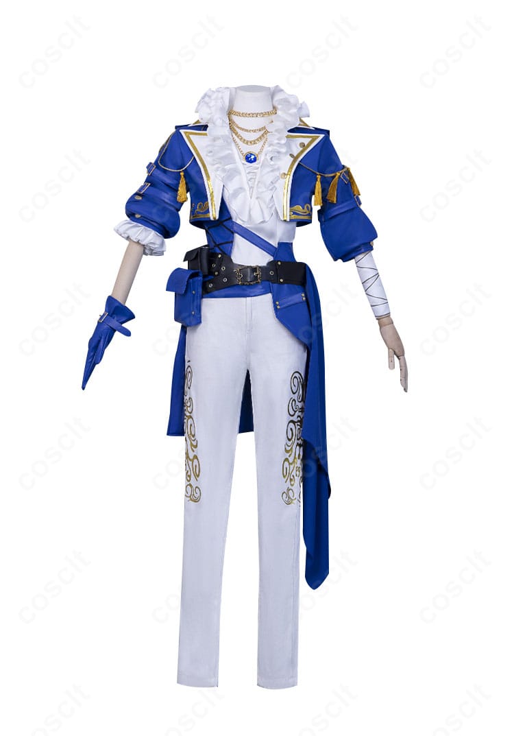 囚人（ルカ・バルサー）コスプレ衣装の正面全身。コートと腰布、ベルト配置でシルエットを忠実再現