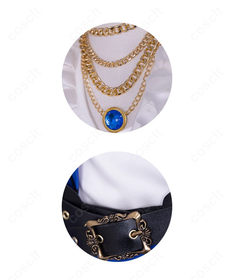 囚人衣装のネックアクセサリーと腰回り装飾のクローズアップ。金具と装飾の質感が分かる詳細