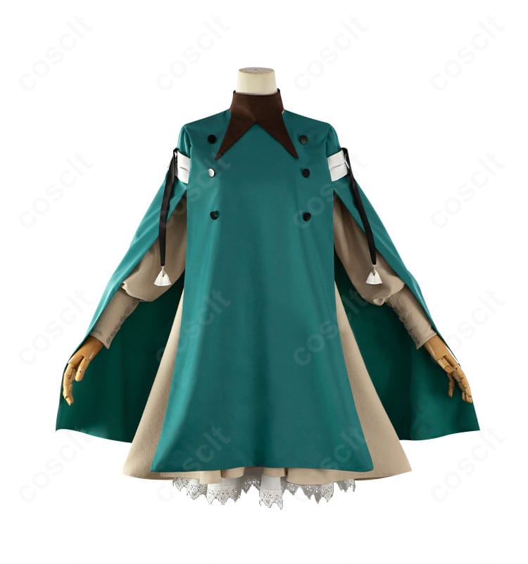 見習いローブの正面全身カット。上着とワンピースのレイヤーでバランス良く、縫製の仕上がりが分かる高再現ディテール。