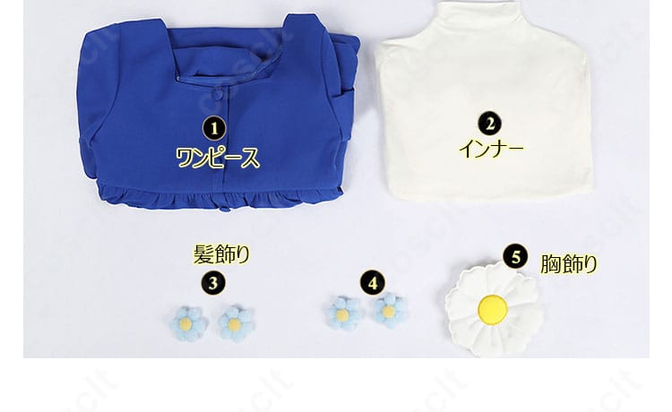 セット内容4点のフラット配置画像（ワンピース・インナー・髪飾り・胸飾り）
