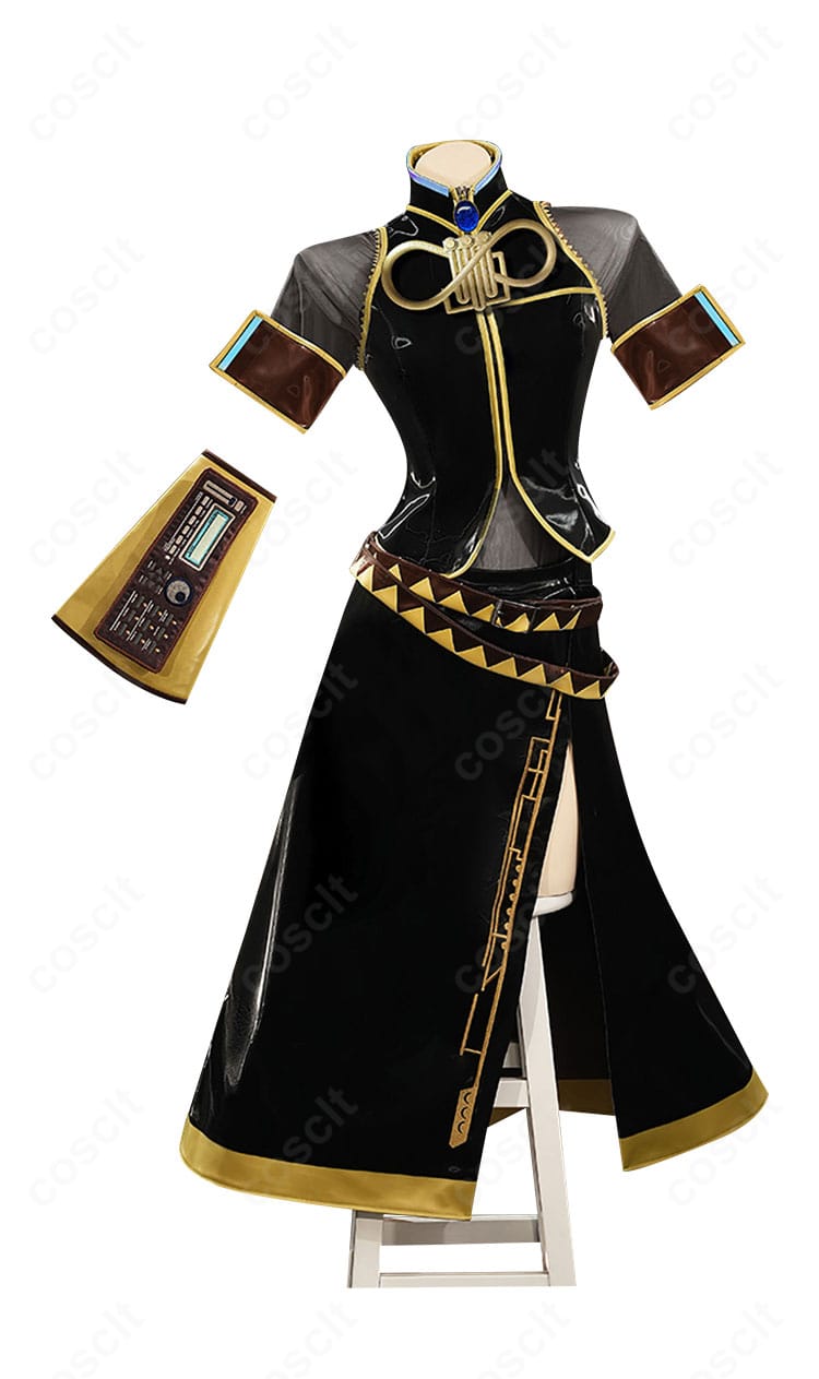 巡音ルカ コスプレ衣装の正面。襟飾りと胸元の装飾、配色バランスがわかる全身カット。