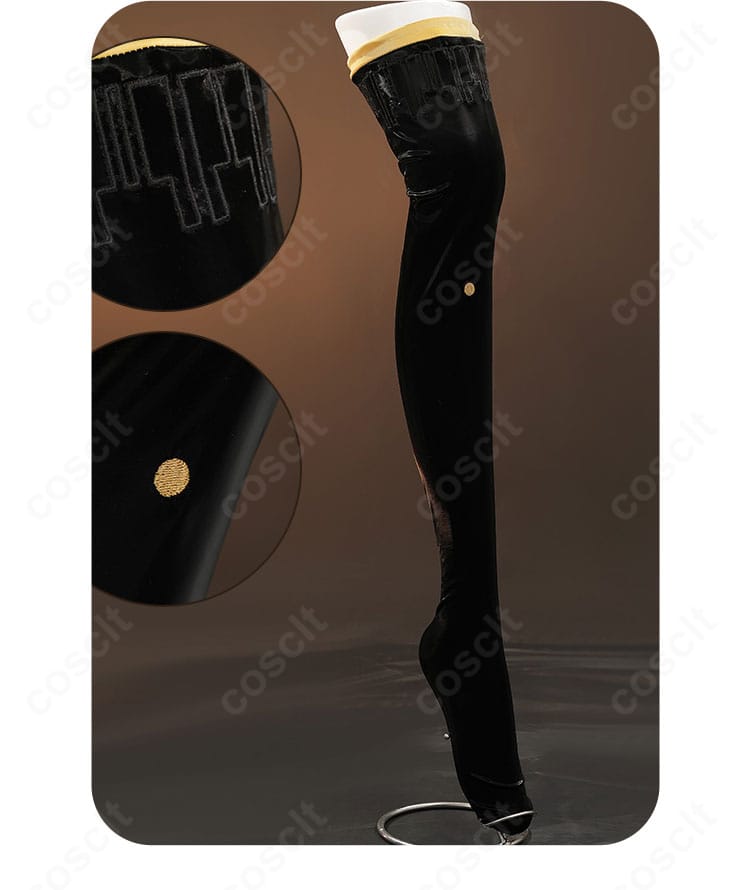 巡音ルカ コスプレ衣装のレッグカバー。脚線を引き締めるディテールと質感。