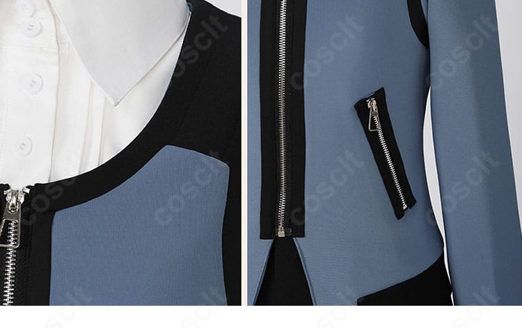 衣装のファスナーとポケット周りの近接。実用性と装飾性を両立したアクセントが分かる霧嶋董香コスプレ衣装。