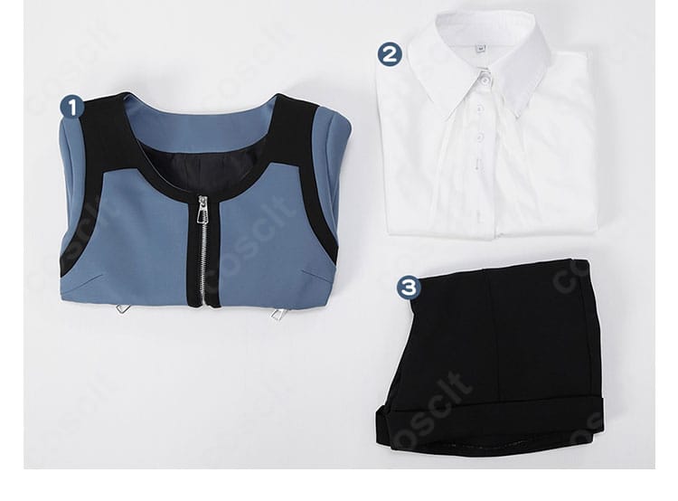 セット内容の一覧。コート、シャツ、ショートパンツの3点が揃う霧嶋董香コスプレ衣装の構成紹介。