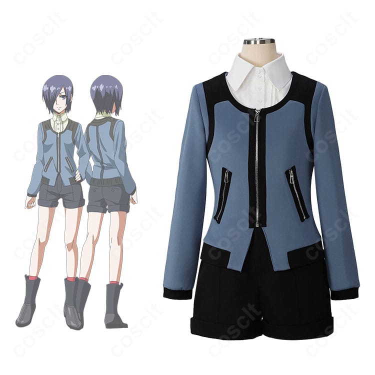 霧嶋董香のキャラクタービジュアルと私服コーデ再現のコスプレ衣装を並置したイメージ。落ち着いた配色とシルエットが分かる構成。