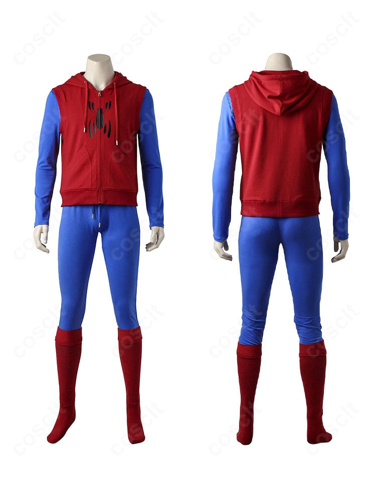 スパイダーマン：ホームカミング版コスプレ衣装の正面・背面全体。ピーター・パーカーの赤青配色と胸のスパイダー紋を忠実再現