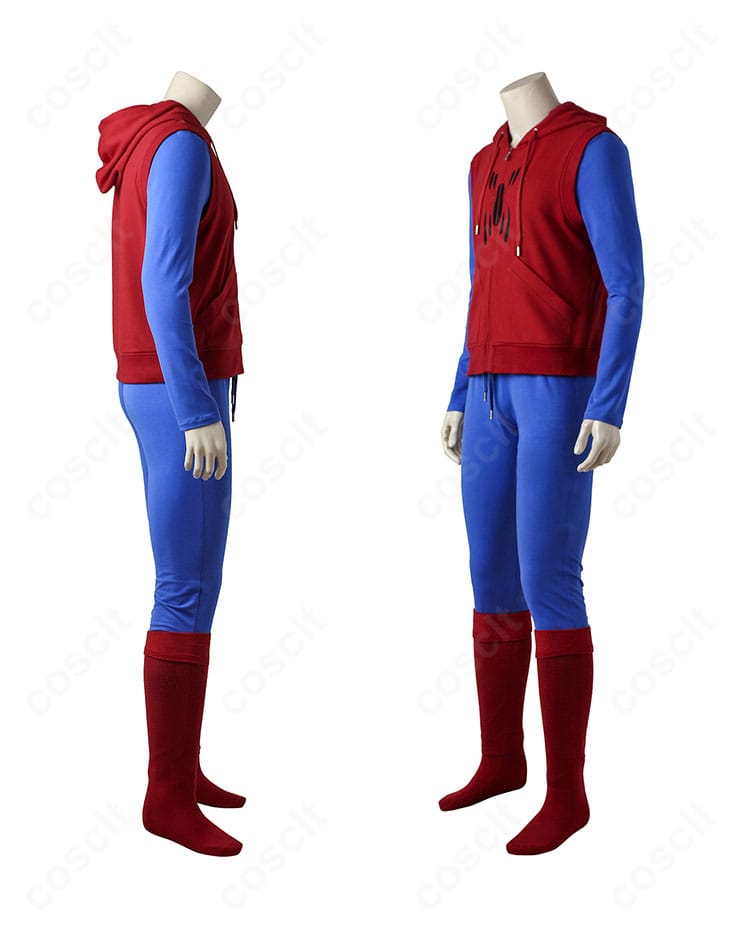 袖の配色切り替えとステッチが分かるディテール。スパイダーマンらしい高コントラストのライン表現