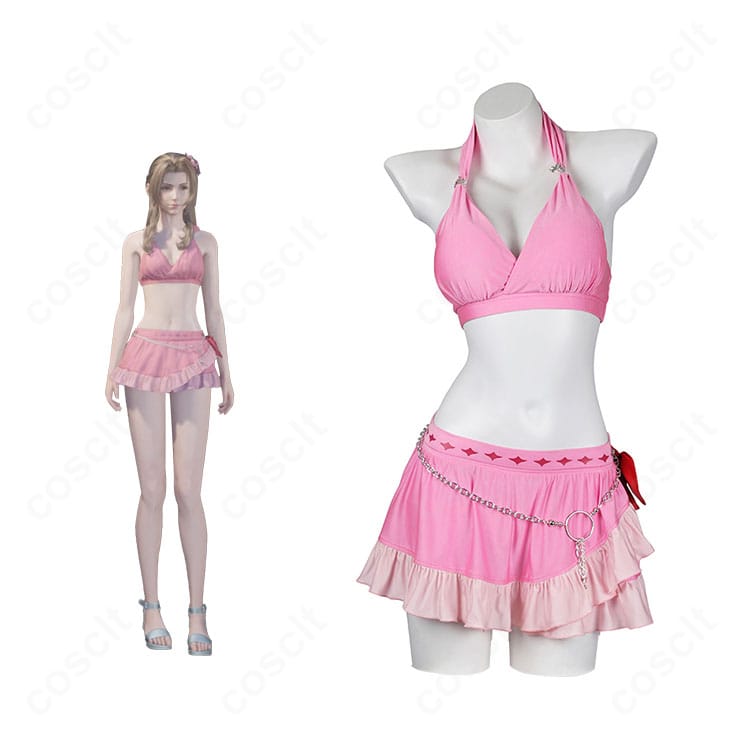 エアリス・ゲインズブール ピンキーマーメイド水着の全身イメージ。FFVIIリバースの雰囲気を高発色で再現したコスプレ衣装。